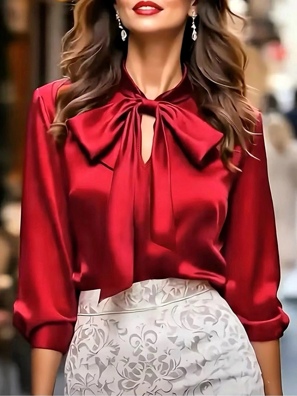 Silky Satin Bow Neck Blouse in Red Like New Large